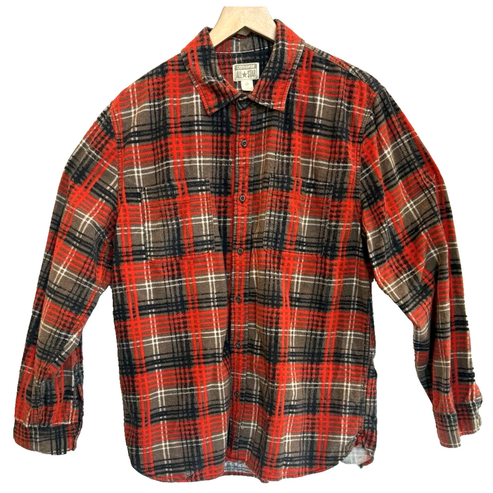 Vintage Y2K Converse Mens Grunge Plaid Flannel Shirt Size L Skater Rugged FLAW